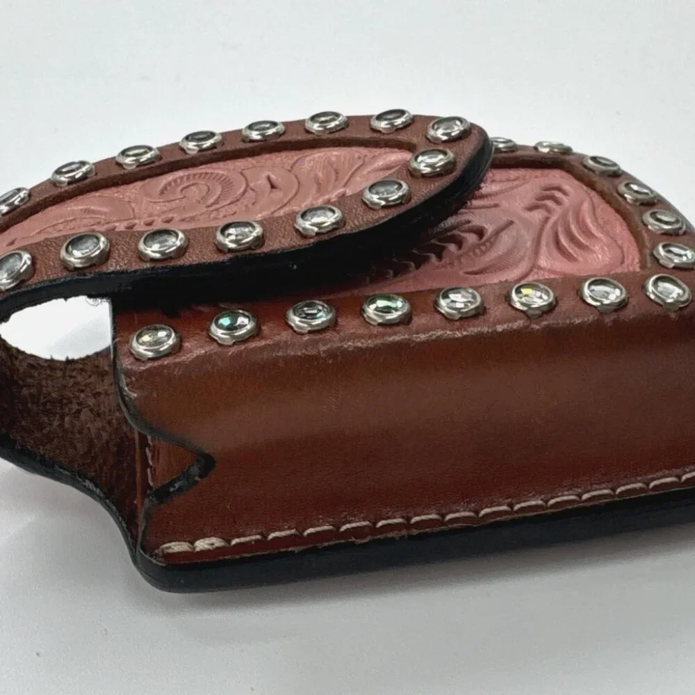 Hilason Hand Tooled Leather Bling Pink Western Cell Phone Case with Belt Clip